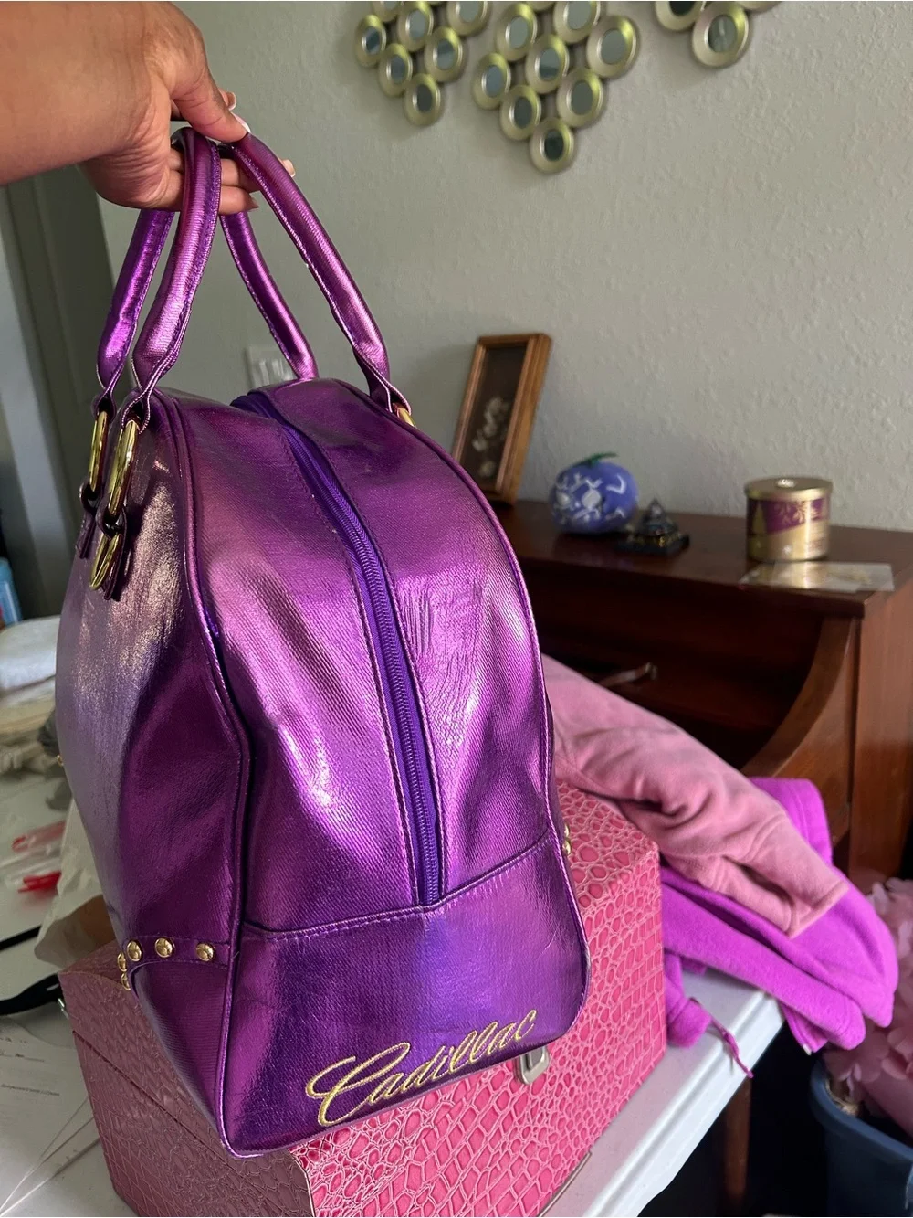 Metallic Purple Satchel with Gold Crest Emblem